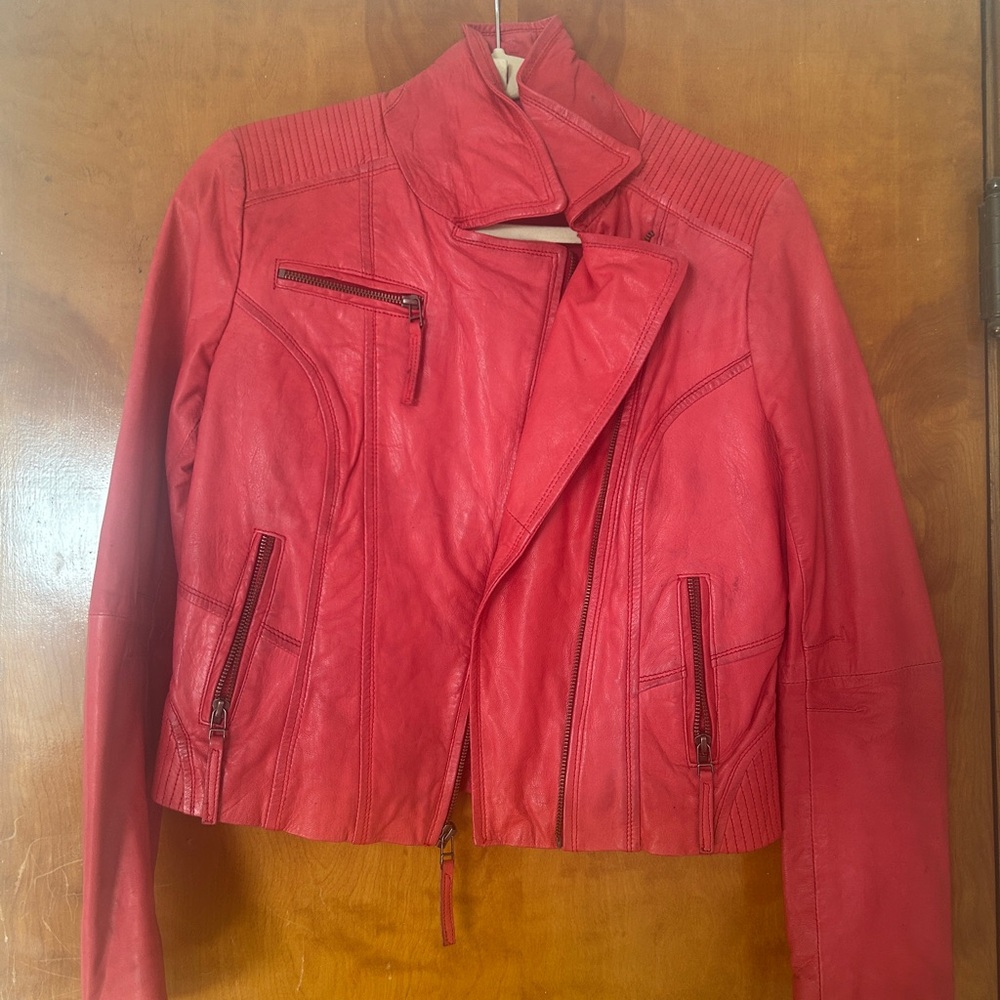 Women's Red Leather Moto Jacket